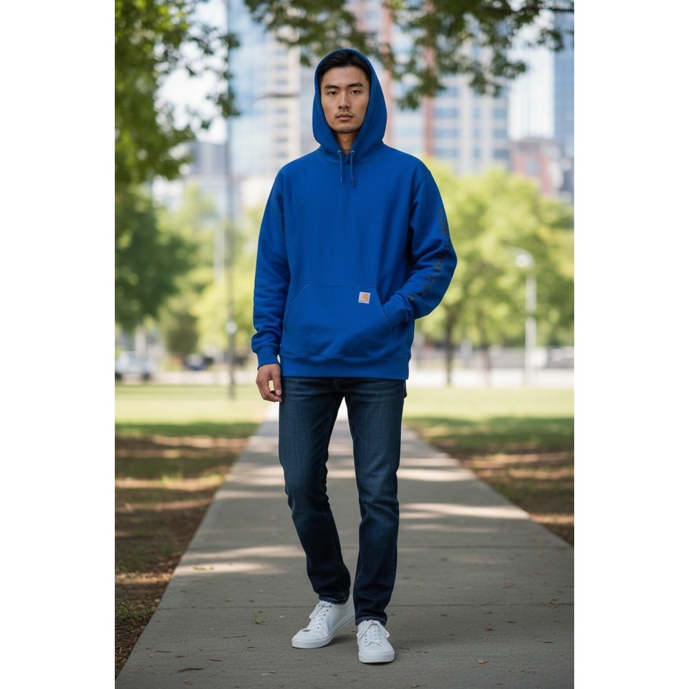 Carhartt Mens K288 Loose Fit Logo Sleeve Hoodie Royal Blue Large - Picture 2 of 8